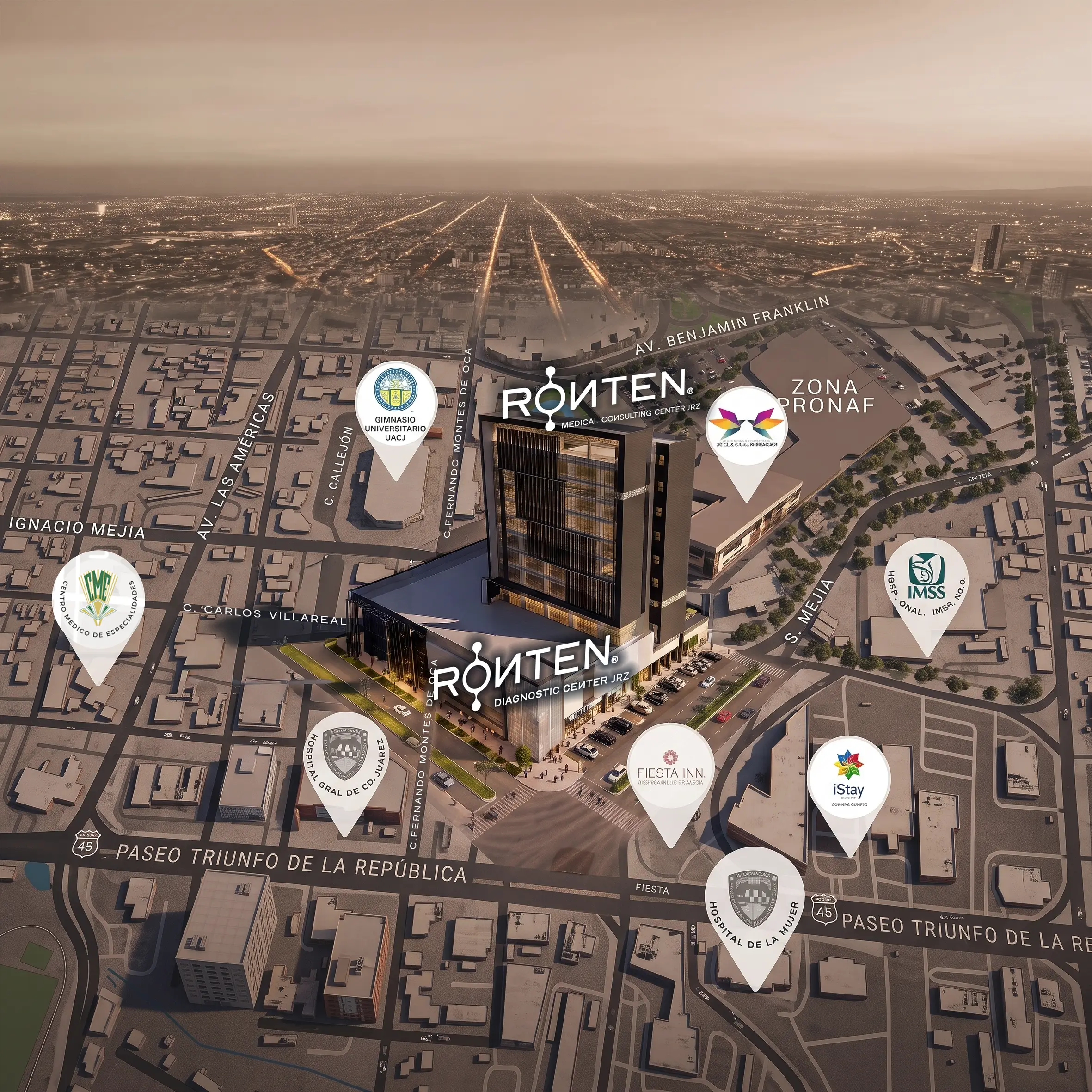 Mapa de la zona Pronaf: Av. Benjamín Franklin, Av. de las Américas, Paseo Triunfo de la República, Hospital General, IMSS, Hospital de la Mujer y CME