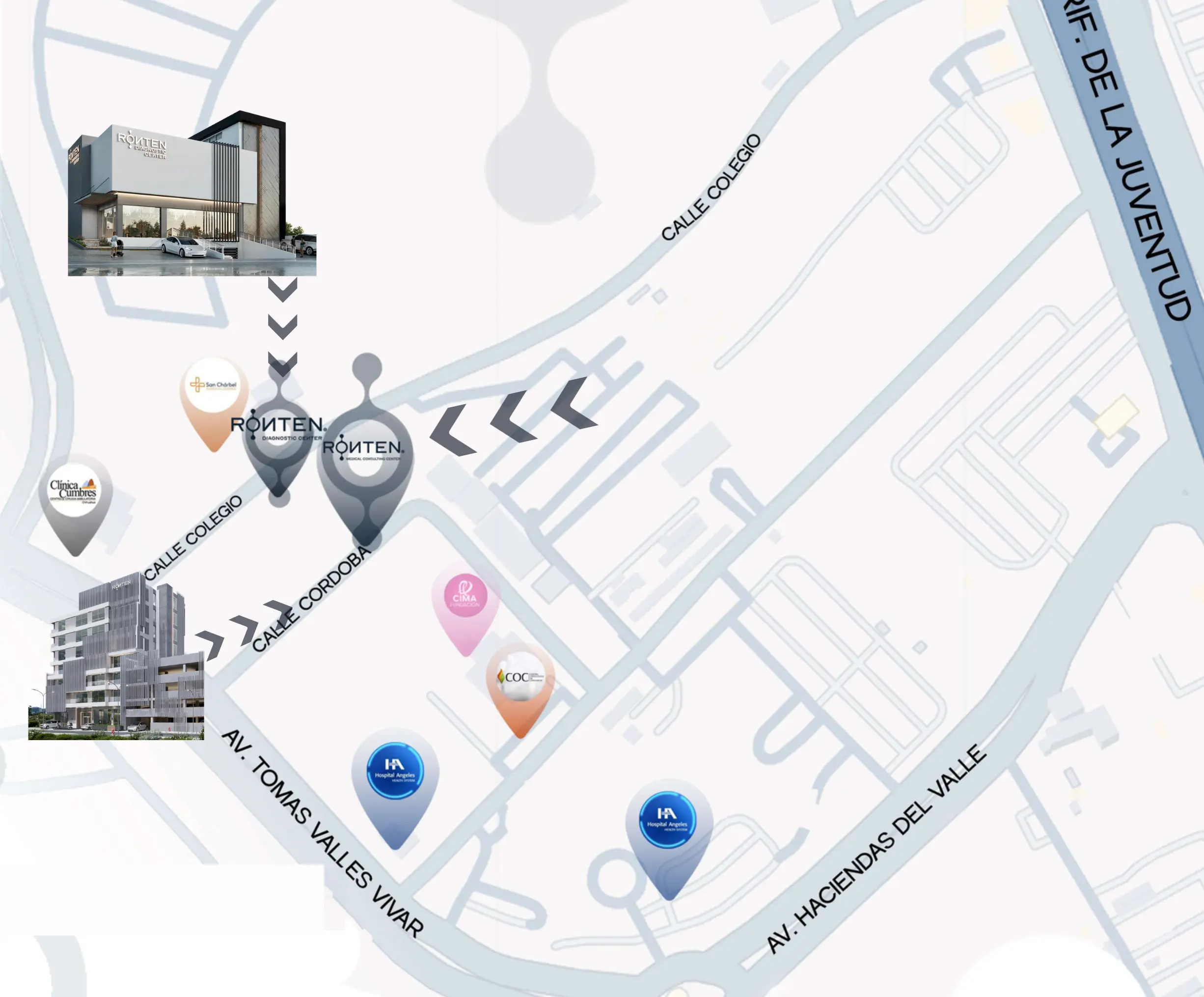 Mapa de la zona: Rönten Medical Consulting Center y Rönten Diagnostic Center en Calle Córdoba y Calle Colegio, entre Av. Tomás Valles Vivar, Av. Haciendas del Valle y Periférico de la Juventud