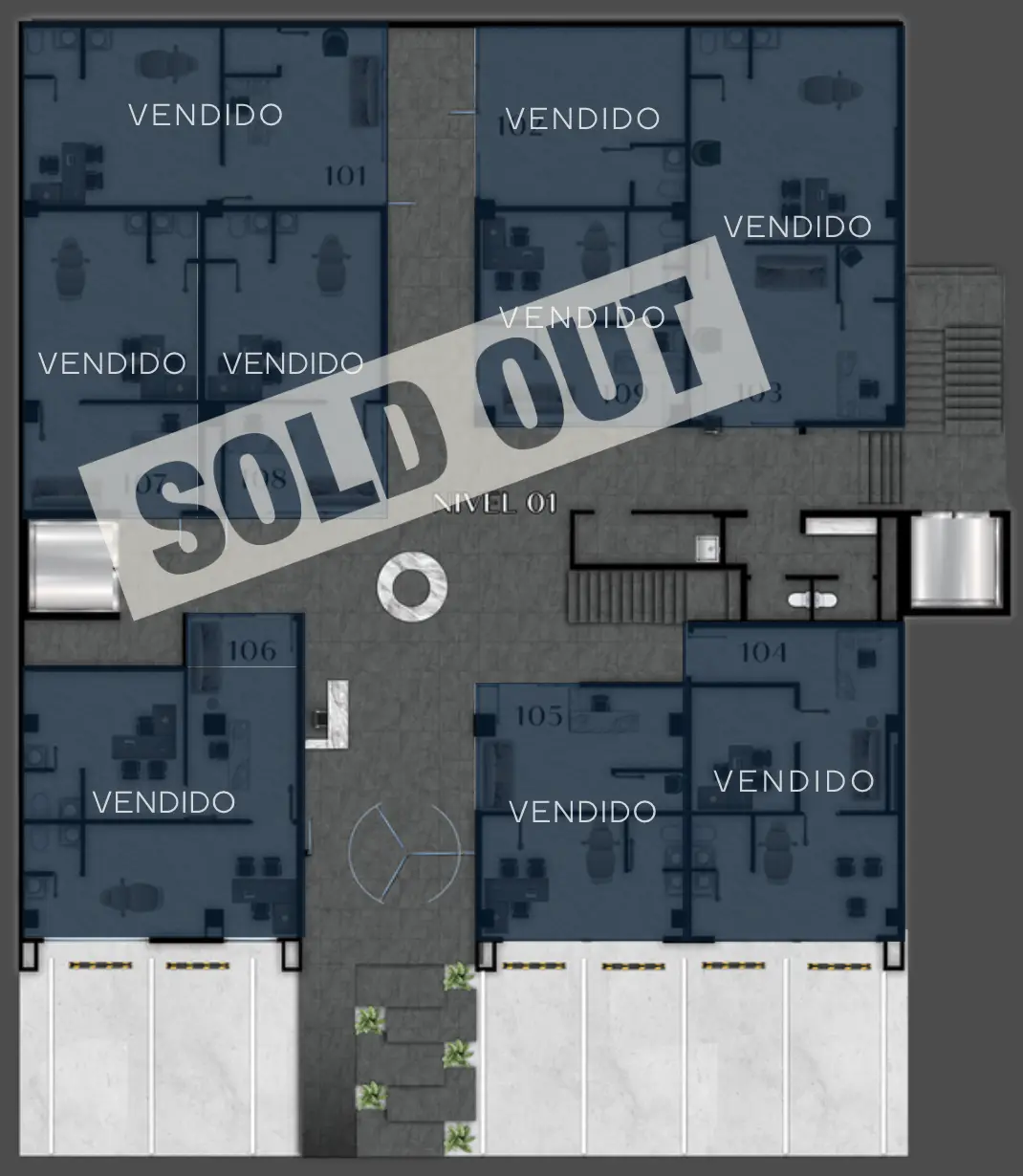 Plano del nivel 01: todos los consultorios vendidos, sold out