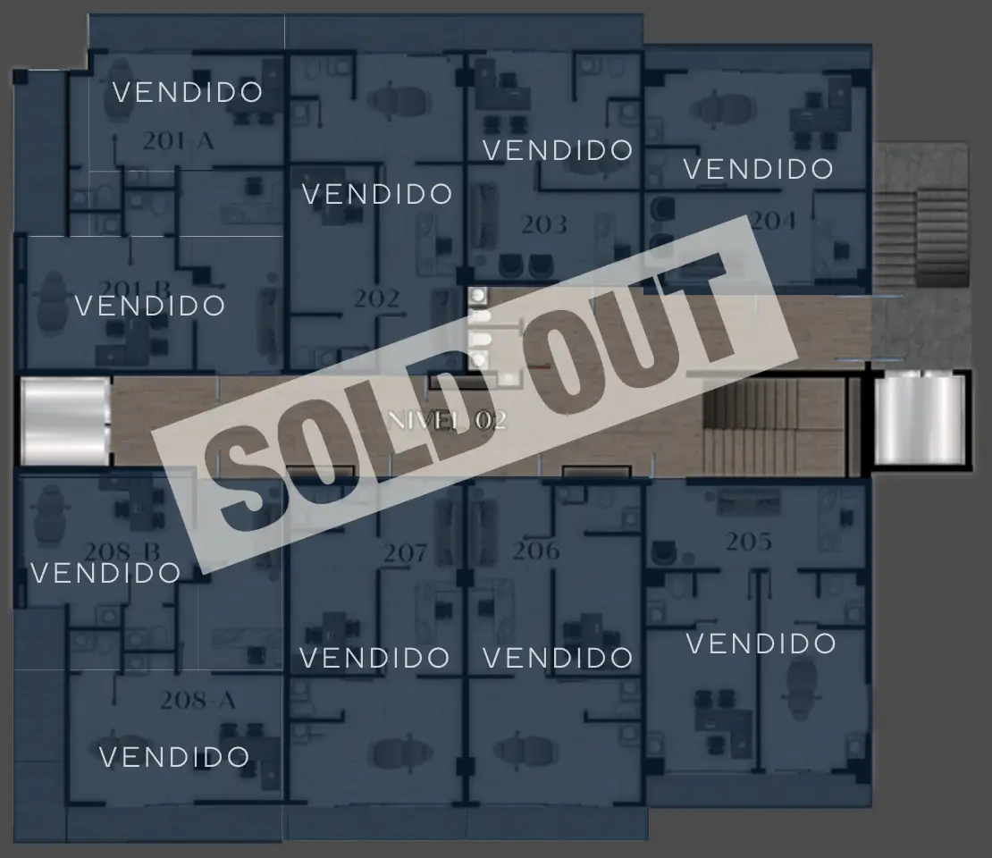 Plano del nivel 02: todos los consultorios vendidos, sold out