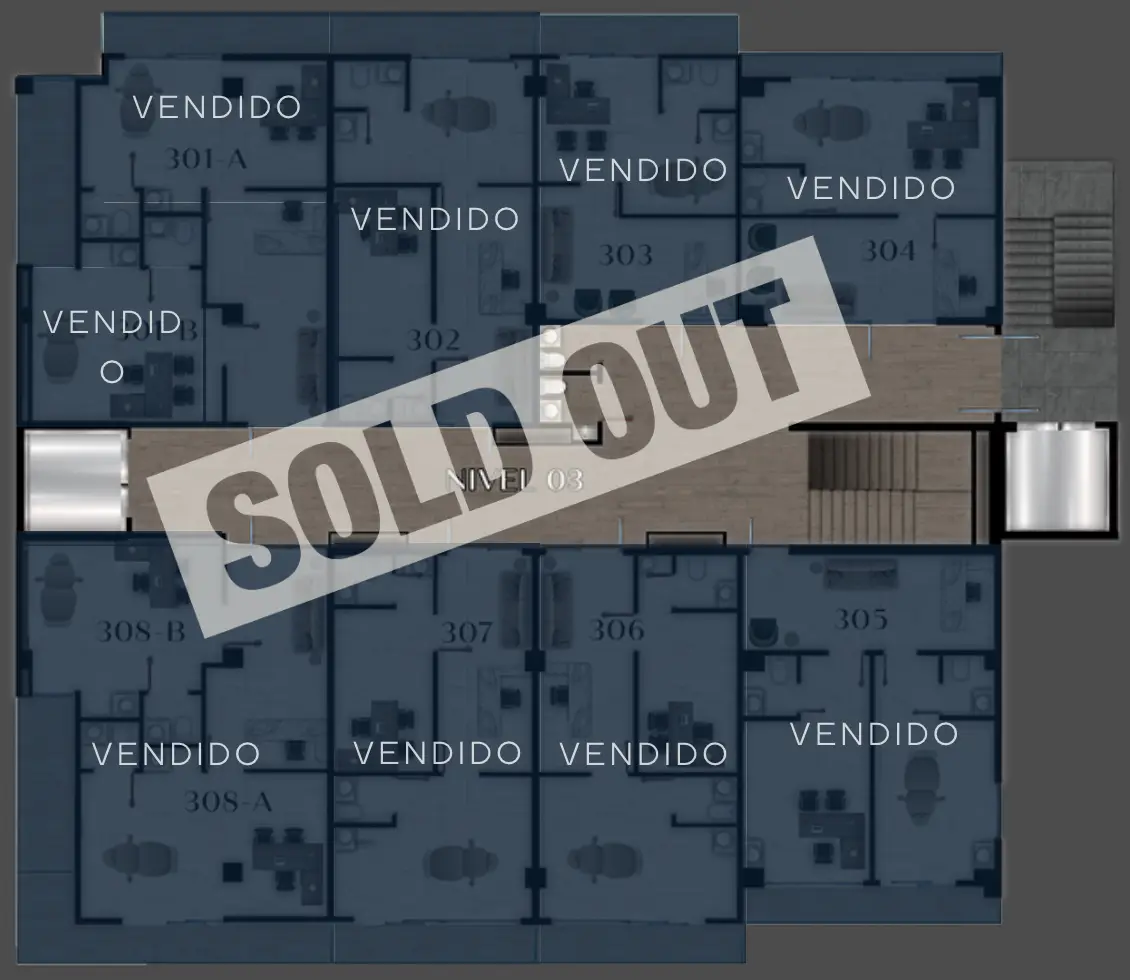 Plano del nivel 03: todos los consultorios vendidos, sold out