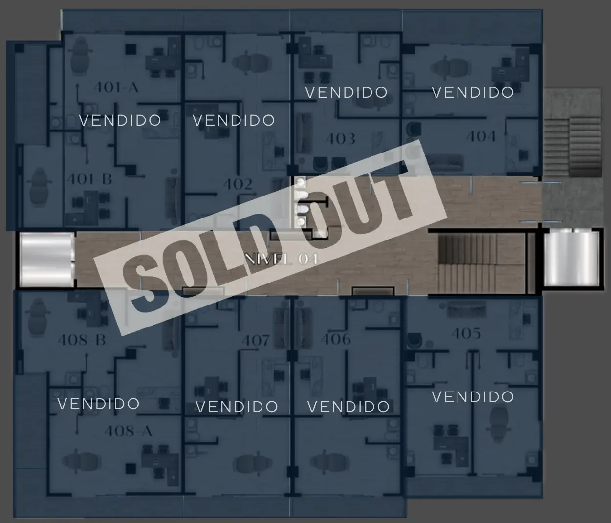 Plano del nivel 04: todos los consultorios vendidos, sold out