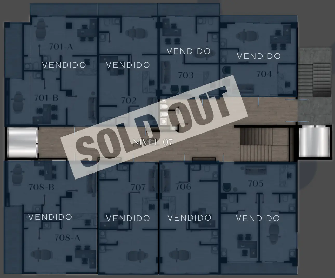 Plano del nivel 07: todos los consultorios vendidos, sold out