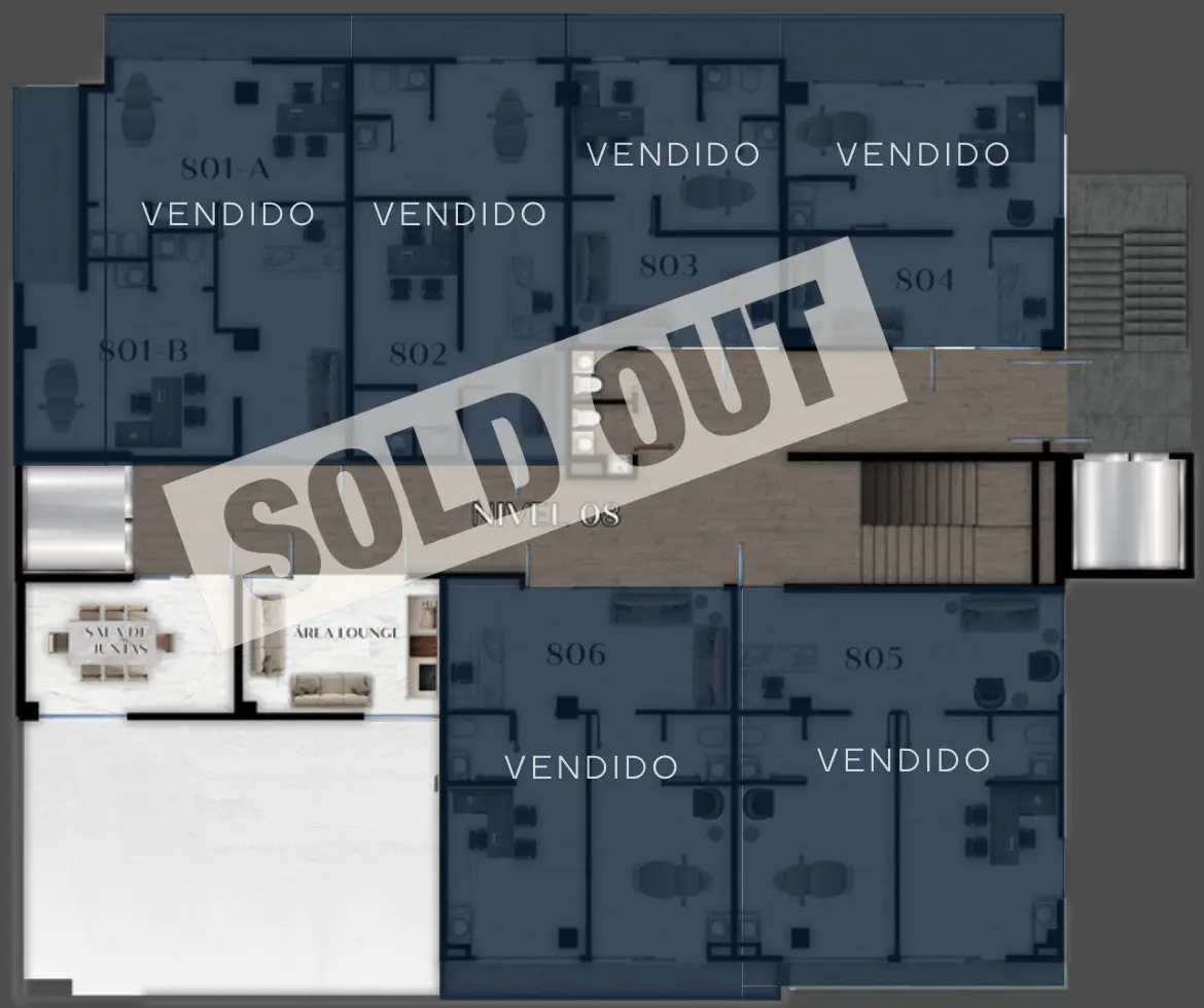 Plano del nivel 08: todos los consultorios vendidos, sold out