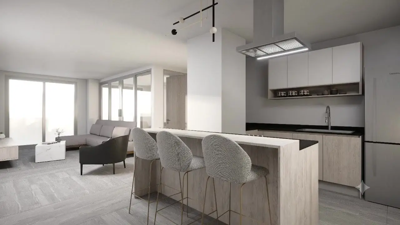Cocina con barra y bancos tapizados