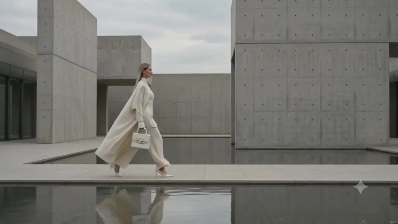 Mujer caminando entre muros de concreto aparente