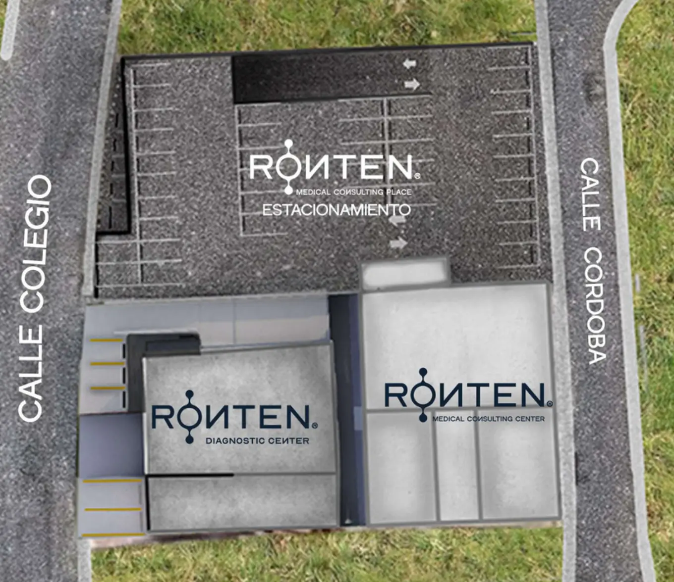 Plano de conjunto: estacionamiento Rönten, Rönten Diagnostic Center y Rönten Medical Consulting Center entre Calle Colegio y Calle Córdoba