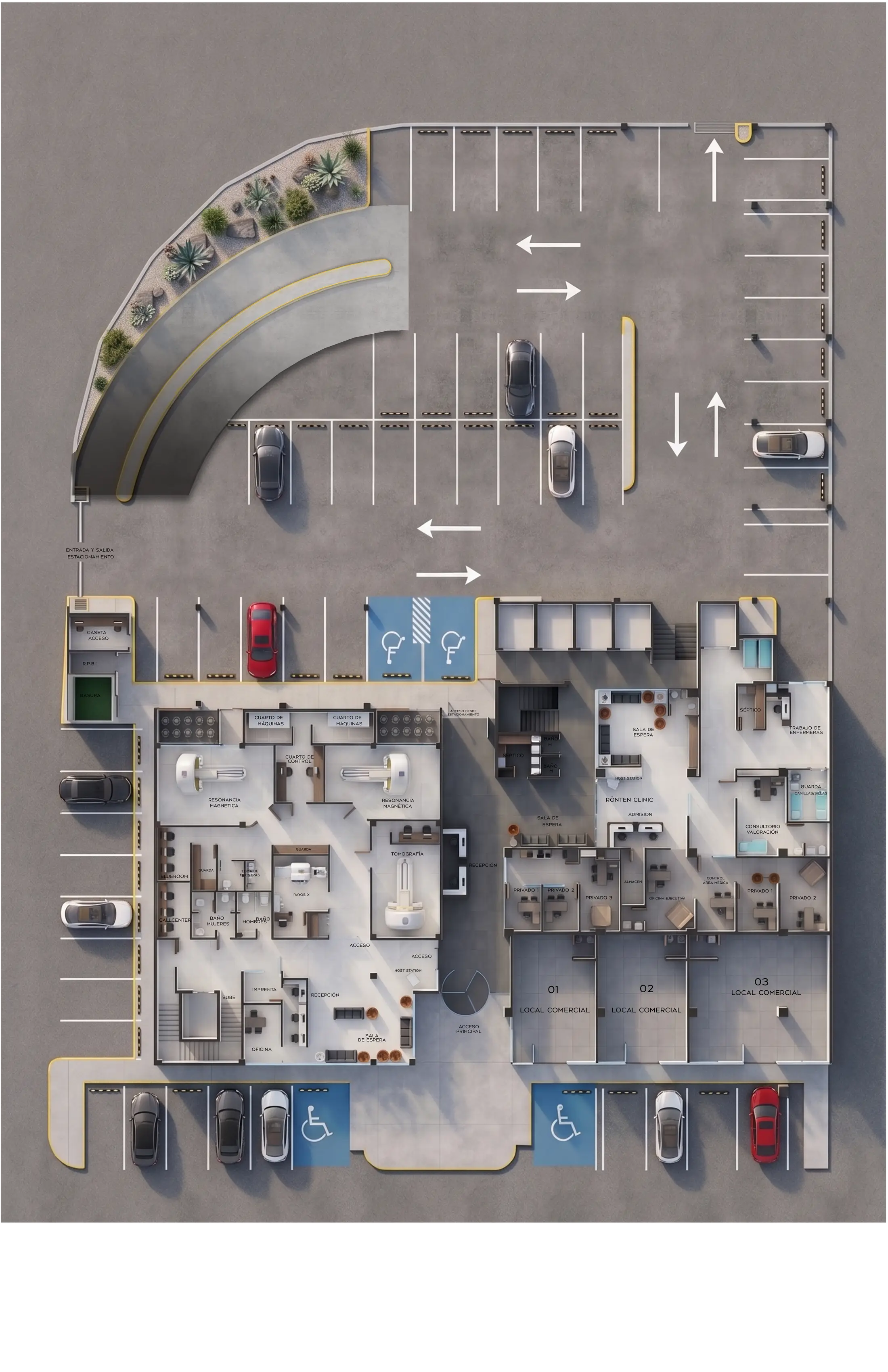 Render de la planta baja: acceso, estacionamiento, locales y Diagnostic Center